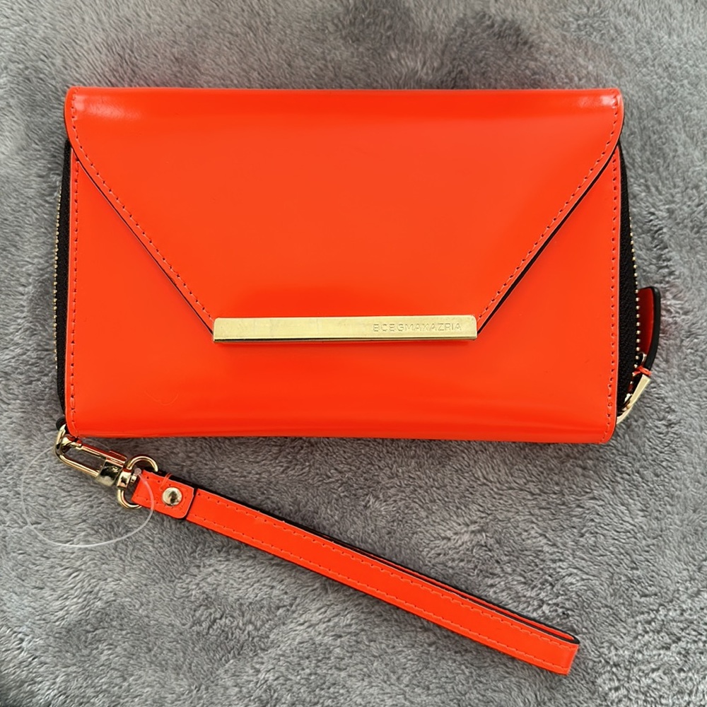 BCBGMAXAZRIA Neon Orange Leather Wristlet Wallet